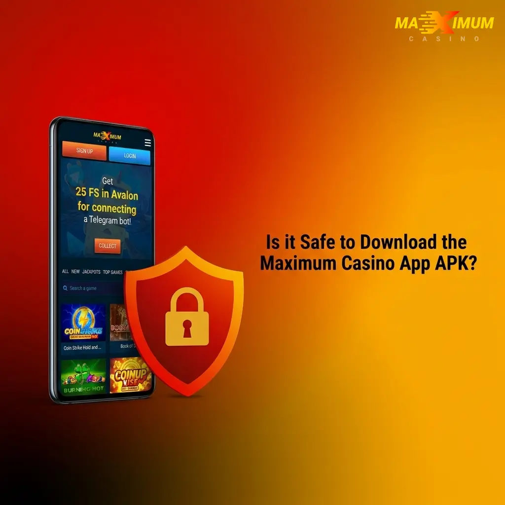 Maximum Casino app APK download on a smartphone with SSL security shield icon, safe and licensed for UK players