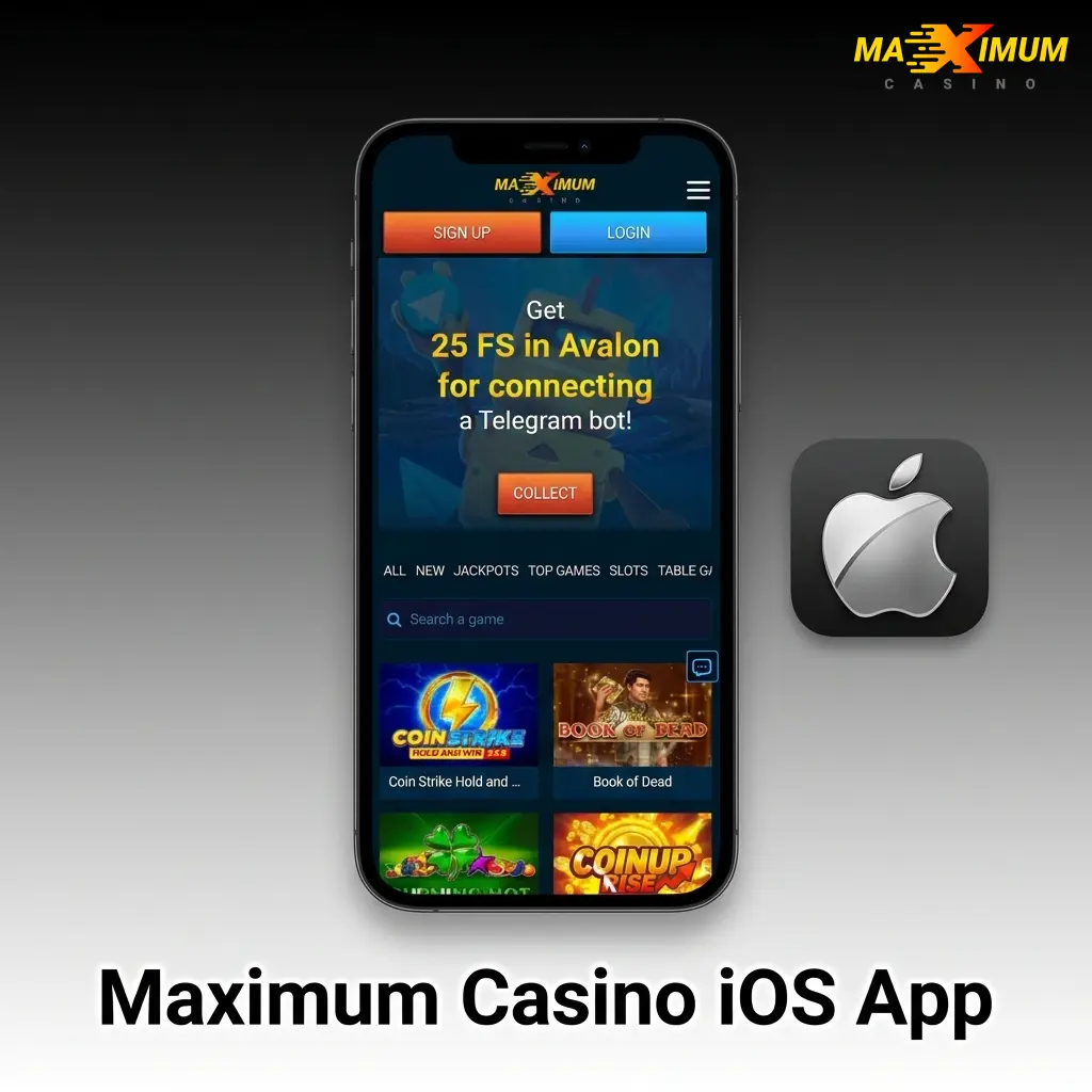 Maximum Casino iOS app interface displayed on iPhone and iPad, showing sports betting and live casino features