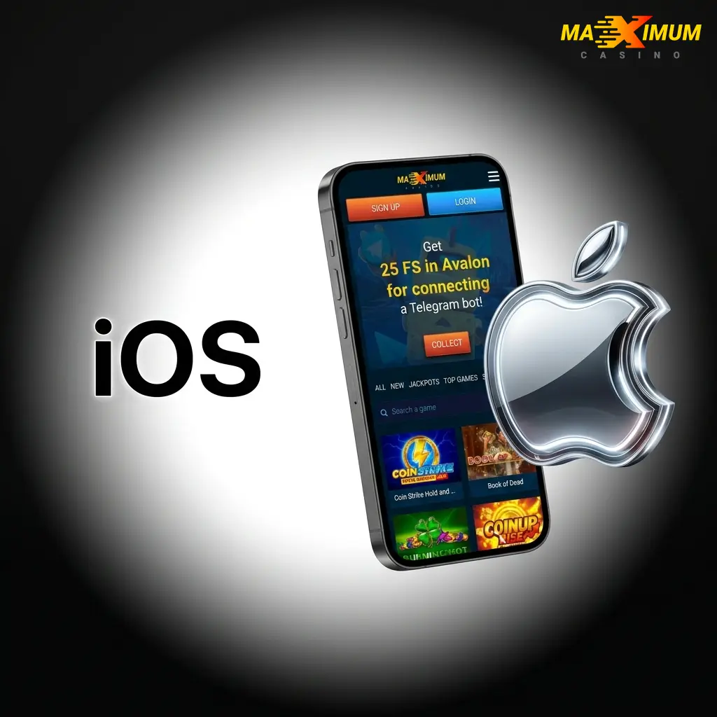 Maximum Casino iOS app icon with instructions to add mobile website to iPhone home screen via Safari