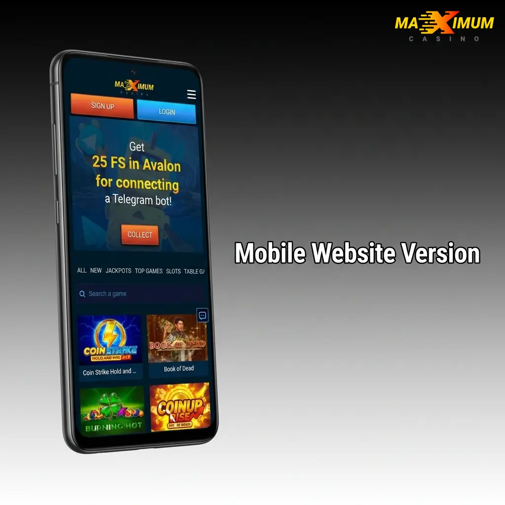 Maximum Casino mobile website displayed on smartphone browser with touch-optimised layout for betting and casino games