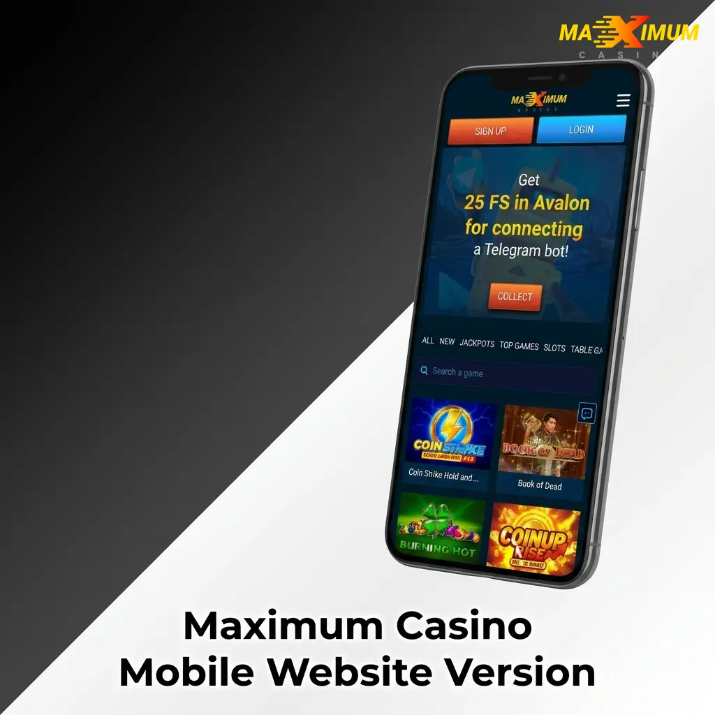 Maximum Casino mobile website on smartphone browser showing sports betting and live casino features for UK players