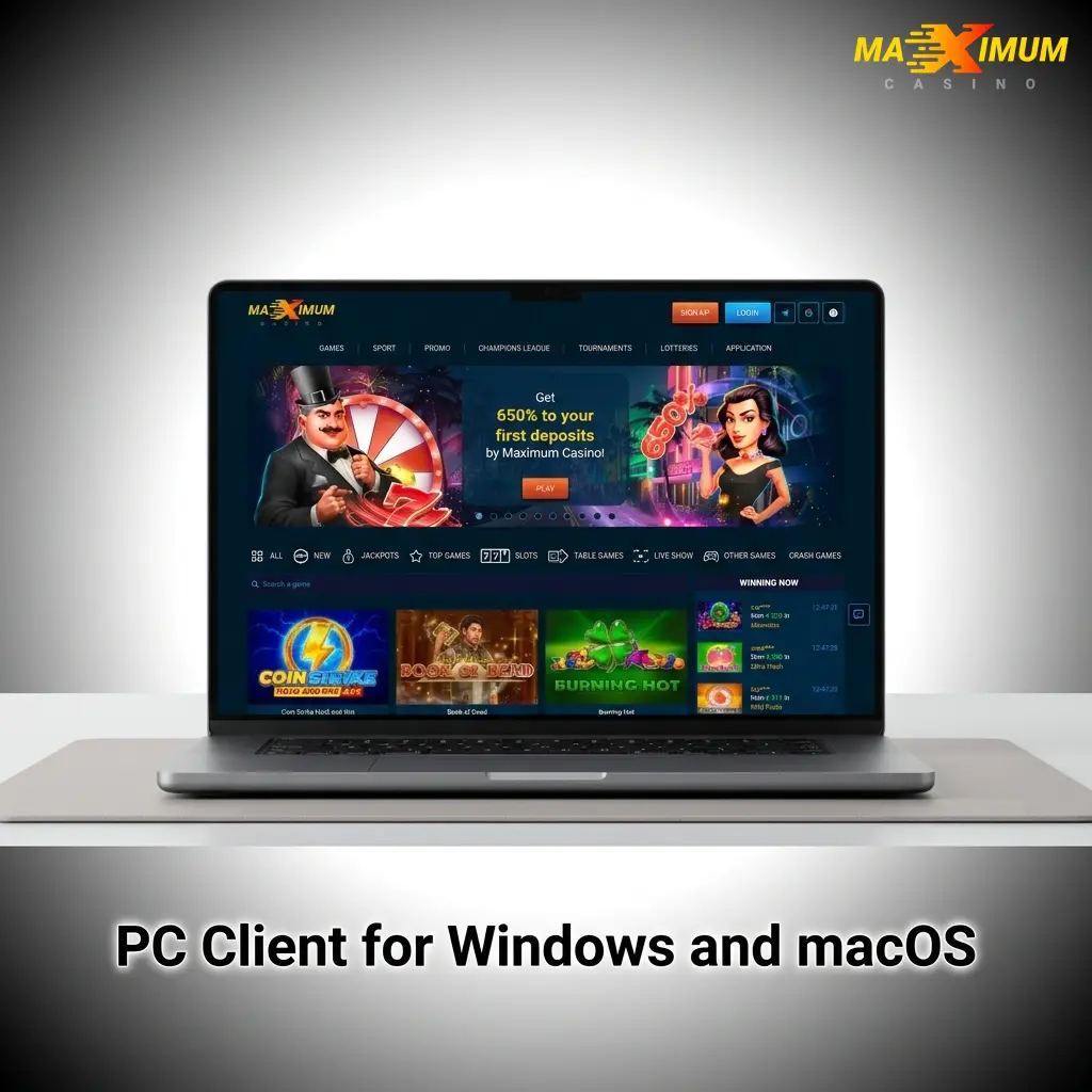 Maximum Casino desktop browser access on Windows and macOS showing sports betting, casino games, and live dealer tables