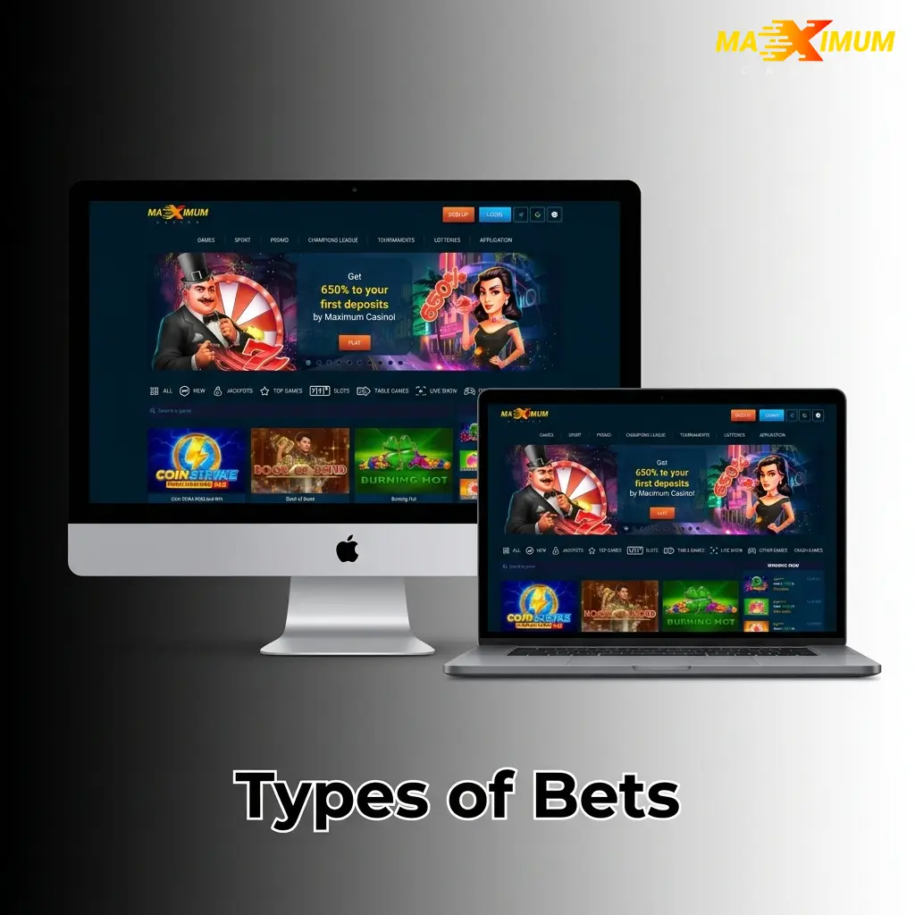 Diagram showing three bet types at Maximum Casino: Single, Express Accumulator, and System bets explained
