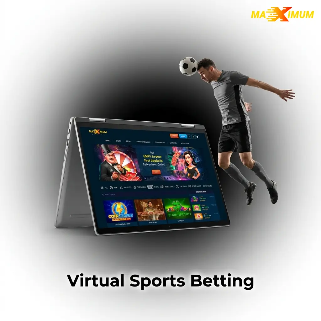 Virtual sports betting screen showing simulated football, horse racing, tennis and basketball events available 24/7 at Maximum Casino