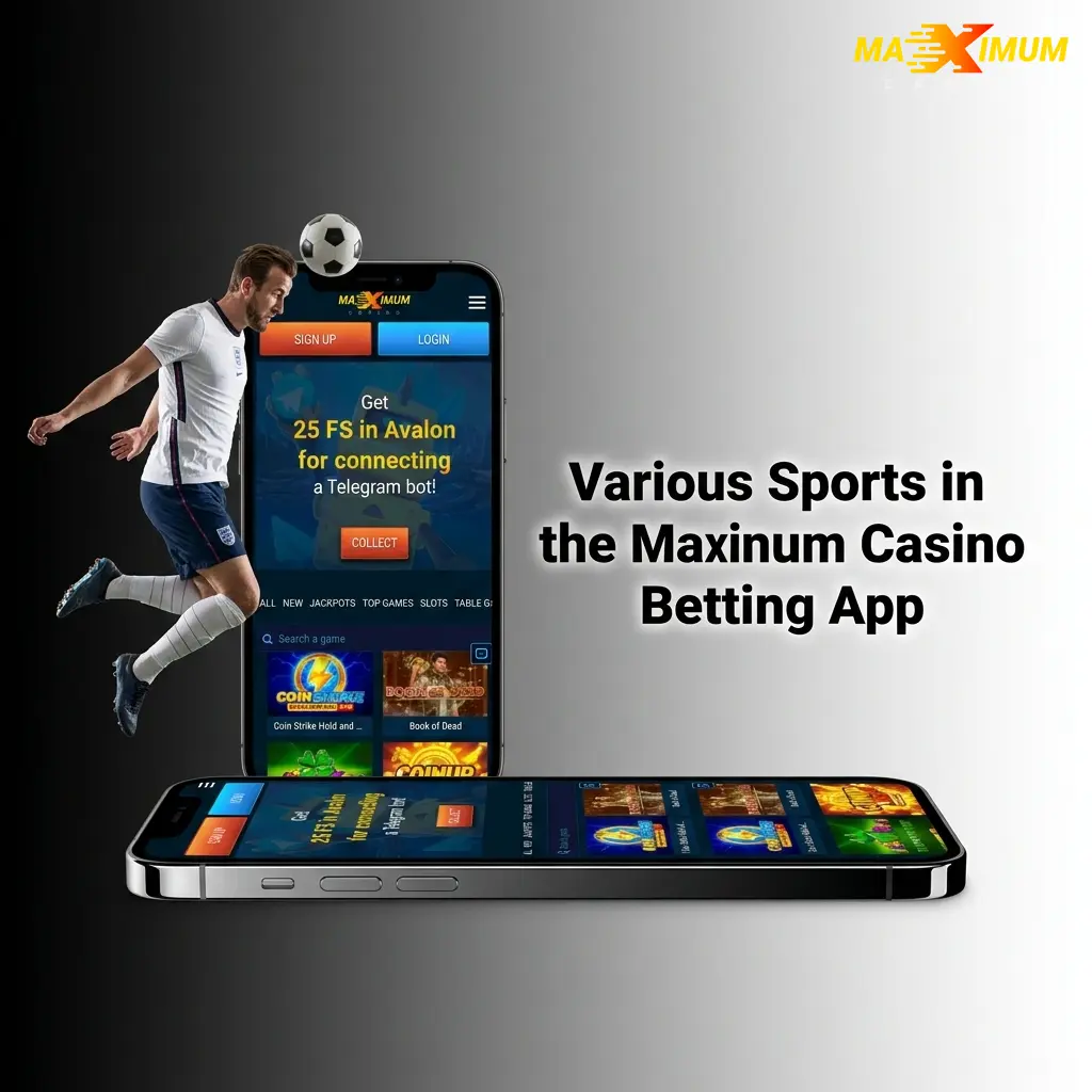 Maximum Casino betting app showing sports options including football, tennis, basketball, eSports and more for LIVE and LINE betting